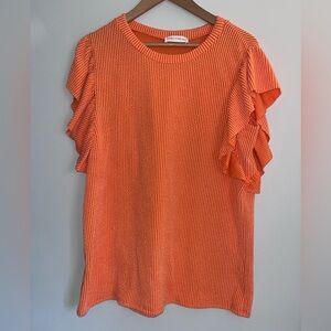 Lovely Melody Coral-Orange Ruffle Sleeve Knit Tee